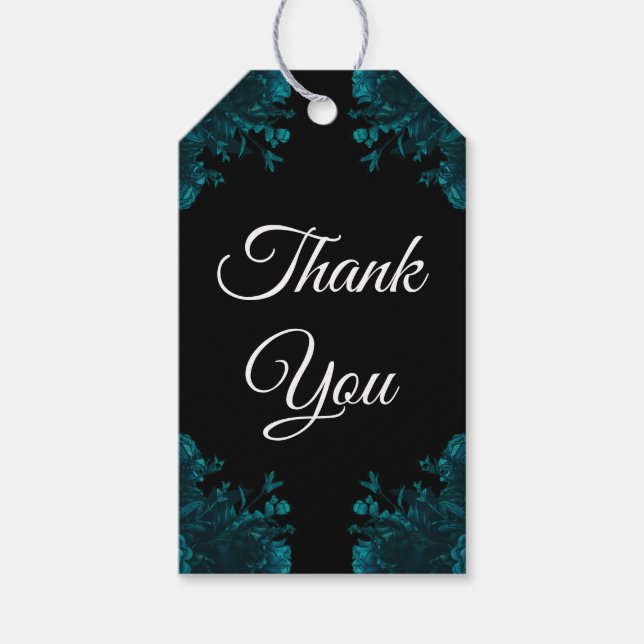Black Teal Blommigt Bröllop Presentetikett (Framsidan)