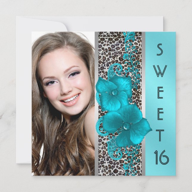 Black Teal Blue Leopard Photo Sweet 16 Birthday Inbjudningar (Framsida)
