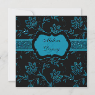 Black Teal FAUX Glitter Blommigt Förlovningsfest Inbjudningar