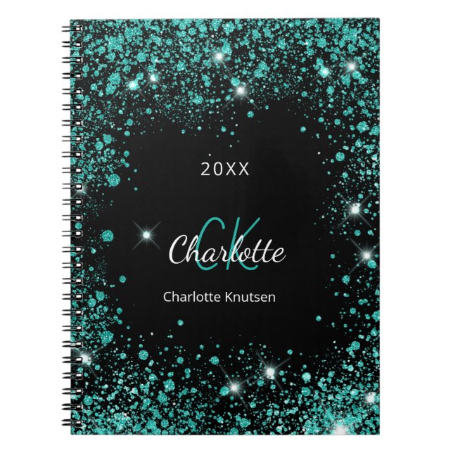 Black teal glitter stoft grönt monogram initialer anteckningsbok (Framsidan)