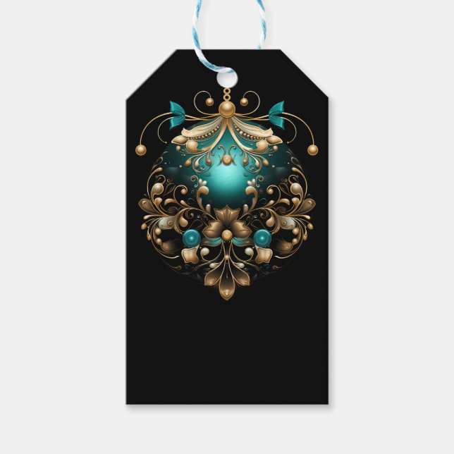 BLACK TEAL & GOLD CHRISTMAS ORNAMENT PRESENTETIKETT (Framsidan)