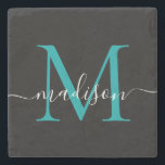Black Teal Grönt Monogram Feminine Script Namn Stenunderlägg<br><div class="desc">Elegant Modern Black Teal Aqua Grönt Monogram Feminine Script Namn Stone Underlägg</div>