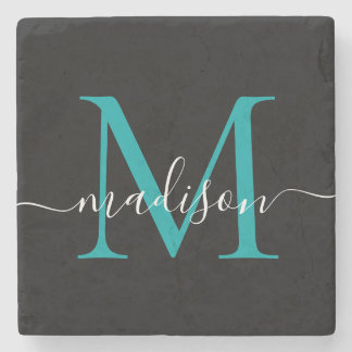 Black Teal Grönt Monogram Feminine Script Namn Stenunderlägg