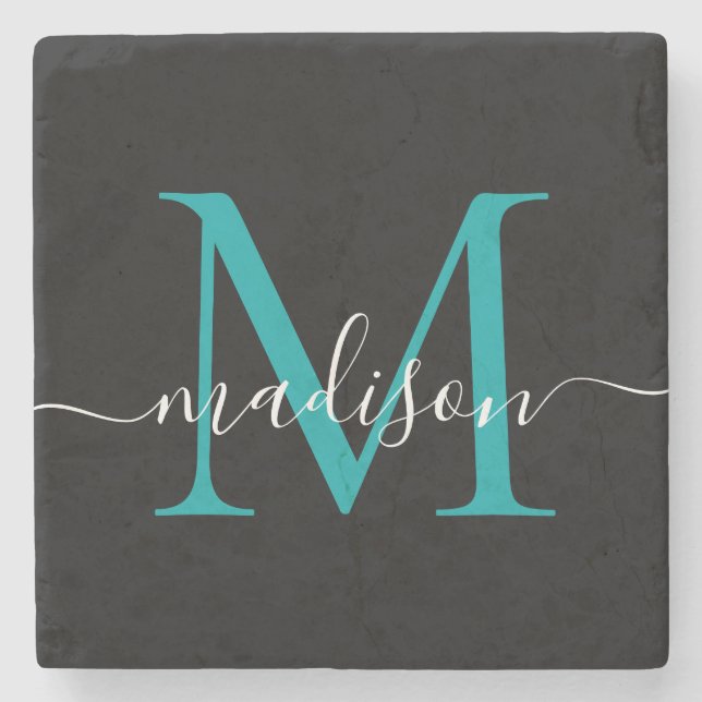Black Teal Grönt Monogram Feminine Script Namn Stenunderlägg (Framsidan)