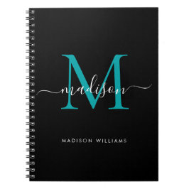 Black Teal Grönt Monogram Script Namn Initial Anteckningsbok