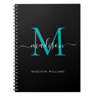 Black Teal Grönt Monogram Script Namn Initial Anteckningsbok