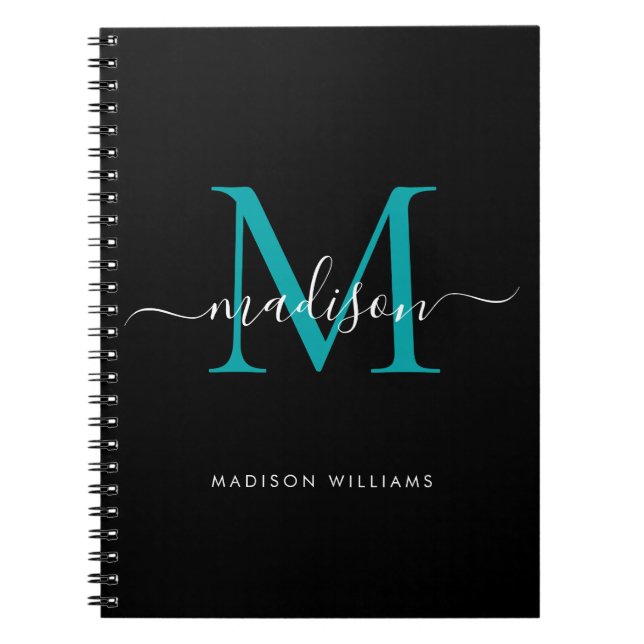 Black Teal Grönt Monogram Script Namn Initial Anteckningsbok (Framsidan)