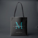 Black Teal Grönt Monogram Script Namn Initial Tygkasse<br><div class="desc">Modern Black Teal Grönt Monogram Elegant  Script Namn Initial Tote Bag</div>