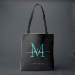 Black Teal Grönt Monogram Script Namn Initial Tygkasse<br><div class="desc">Modern Black Teal Grönt Monogram Elegant  Script Namn Initial Tote Bag</div>