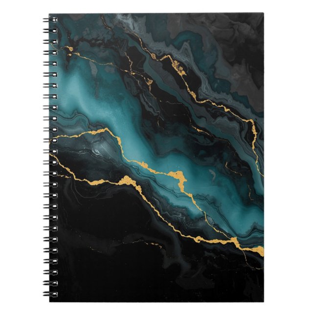 Black Teal Ink Marble Notebook with Gold Flow Vein Anteckningsbok (Framsidan)