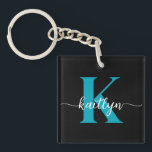 Black Teal Monogram<br><div class="desc">Den moderna svarta nyckelkedjan med det första namn i ett trendig-skript i vitt och det första i ett modernt teckensnitt i teal är perfekt för nycklar. Det är snyggt och trendig och ändå väldigt klassiskt.</div>