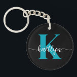 Black Teal Monogram<br><div class="desc">Den moderna svarta nyckelkedjan med det första namn i ett trendig-skript i vitt och det första i ett modernt teckensnitt i teal är perfekt för nycklar. Det är snyggt och trendig och ändå väldigt klassiskt.</div>