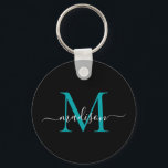 Black Teal Monogram Namn Elegant Modern skript Nyckelring<br><div class="desc">Enkel svart Grönt Monogram Elegant Modern skriptnyckelkedja</div>