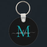 Black Teal Monogram Namn Elegant Modern skript Nyckelring<br><div class="desc">Enkel svart Grönt Monogram Elegant Modern skriptnyckelkedja</div>