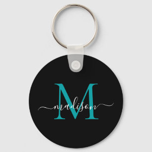 Black Teal Monogram Namn Elegant Modern skript Nyckelring