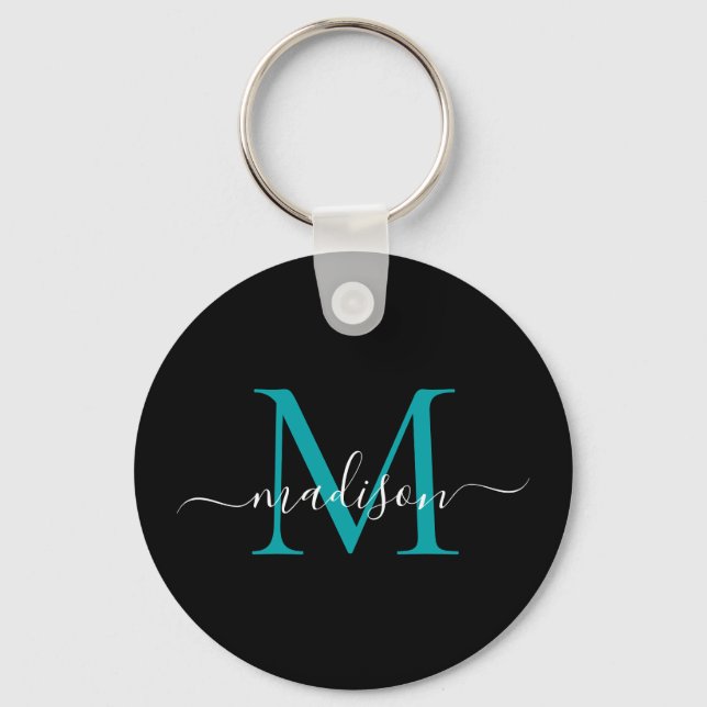 Black Teal Monogram Namn Elegant Modern skript Nyckelring (Framsida)