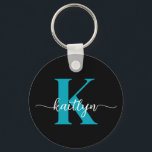 Black Teal Monogram Nyckelring<br><div class="desc">Den moderna svarta nyckelkedjan med det första namn i ett trendig-skript i vitt och det första i ett modernt teckensnitt i teal är perfekt för nycklar. Det är snyggt och trendig och ändå väldigt klassiskt.</div>
