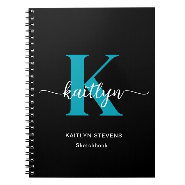 Black Teal Monogram Sketchbook Anteckningsbok (Framsidan)