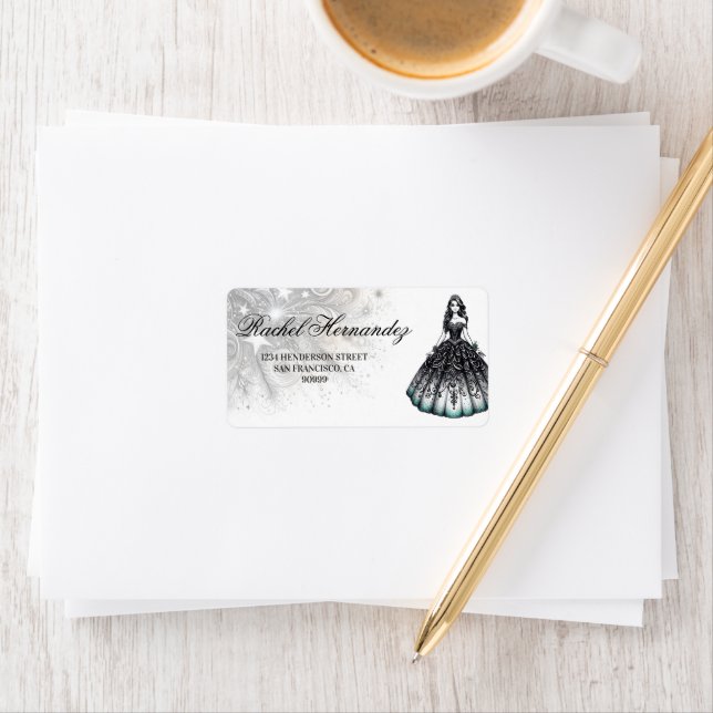 Black & Teal Quinceañera Girl Adressetikett (Insitu)