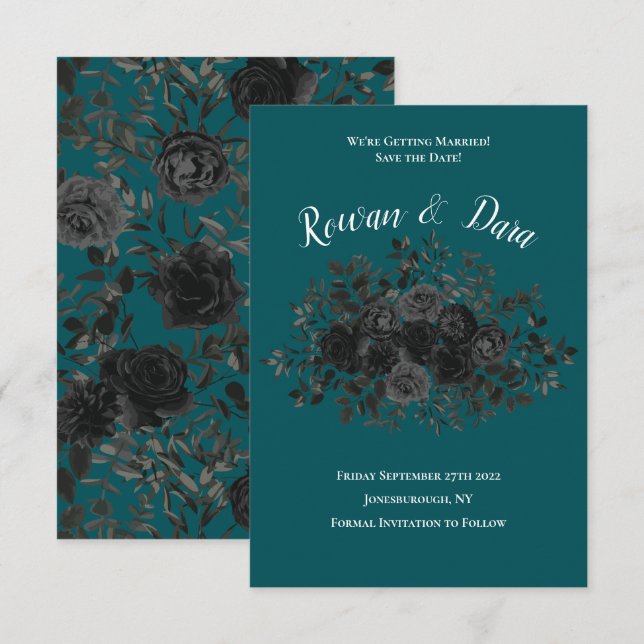 Black Teal Ro Gothic Elegant bröllop Inbjudningar (Fram/baksida)
