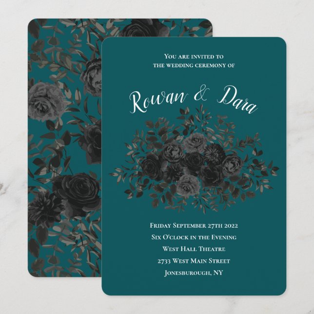 Black Teal Ro Gothic Elegant bröllop Inbjudningar (Fram/baksida)