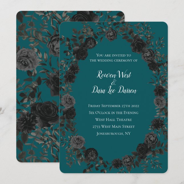 Black Teal Ro Gothic Elegant bröllop Inbjudningar (Fram/baksida)