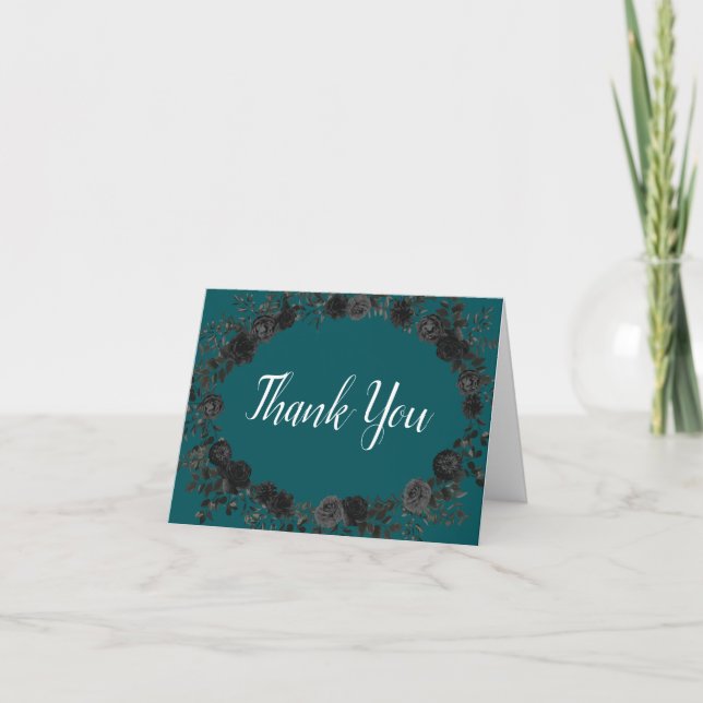 Black Teal Ro Gothic Elegant bröllop Tack Kort (Framsida)