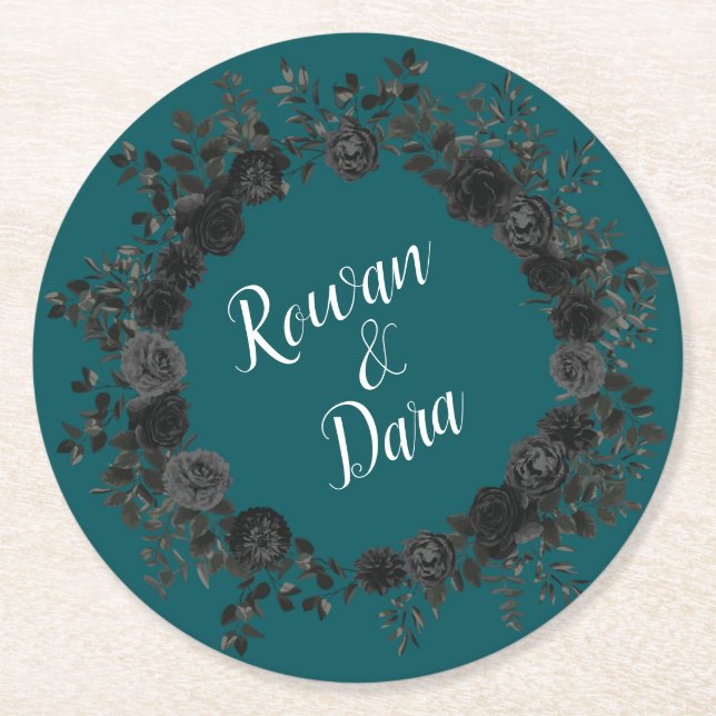 Black Teal Ro Gothic Elegant bröllop Underlägg Papper Rund (Framsidan)