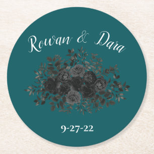 Black Teal Ro Gothic Elegant bröllop Underlägg Papper Rund
