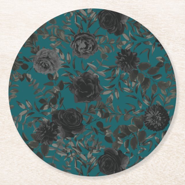 Black Teal Ro Gothic Elegant bröllop Underlägg Papper Rund (Framsidan)
