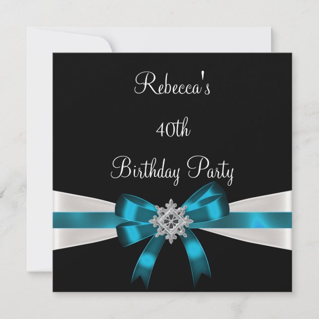 Black Teal White Jewel Bow 40:e Eleganten Birthday Inbjudningar (Framsida)