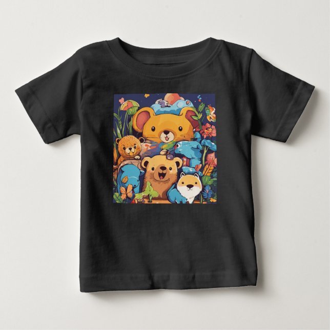 Black Tecknad Animal T-Shirt - Björn, mus (Framsida)