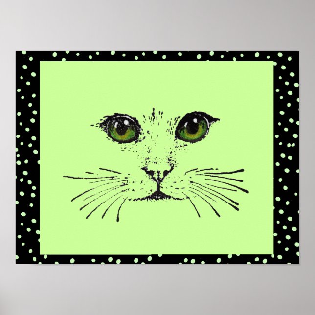 Black Teckning Cat Ansikte Intense Ögon Polka dots Poster (Framsidan)