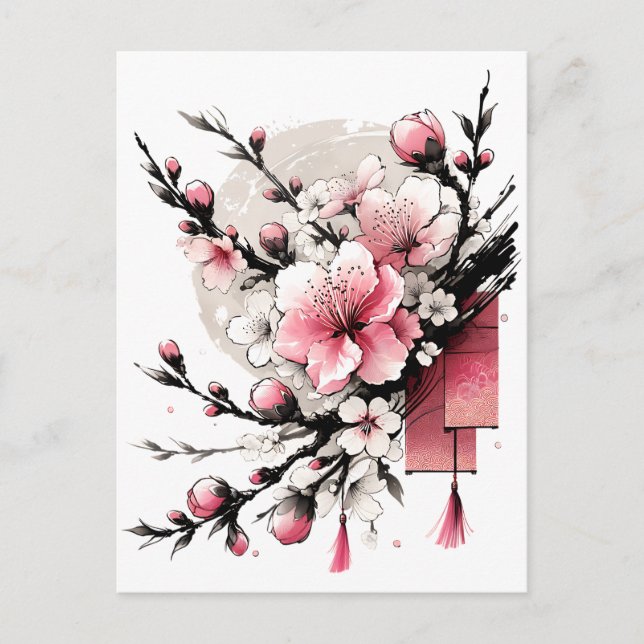 Bläck Teckning vid Hoa Dao Gott nytt år Helg Vykort (Framsida)