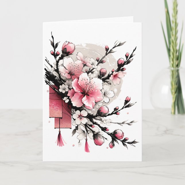 Bläck Teckning vid Hoa Dao Gott nytt år Helgkort (Framsida)