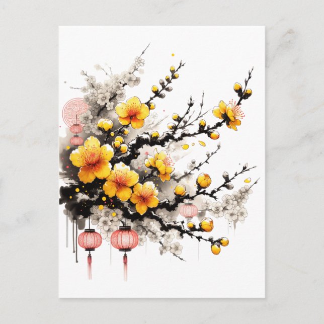 Bläck Teckning vid Hoa Mai Gott nytt år Helg Vykort (Framsida)