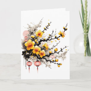 Bläck Teckning vid Hoa Mai Gott nytt år Helgkort