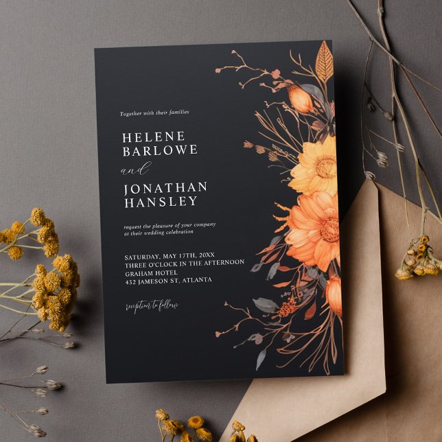 Black Terracotta Blommigt Moody Elegant Bröllopet Inbjudningar (Black Orange Elegant Fall Floral Wedding Invitation)