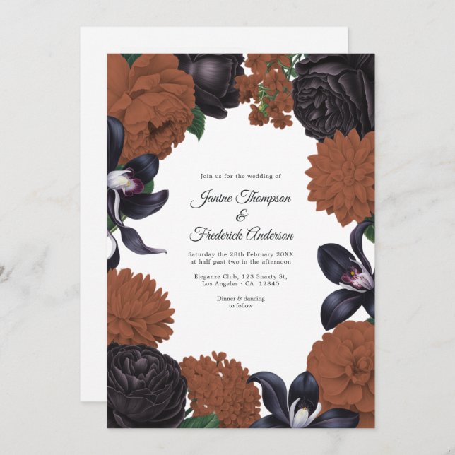 Black & Terracotta Photo/QR Code Floral Wedding Inbjudningar (Fram/baksida)