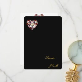 Black thank you card with a pink and red heart tack kort
