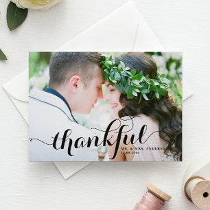 Black Thankful Calligraphy Photo Bröllop Tack Vykort