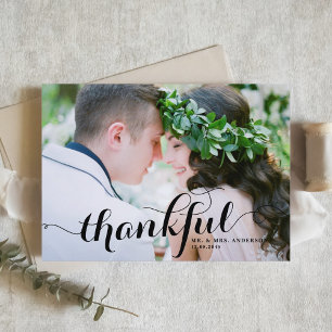 Black Thankful Modern Calligraphy Photo Bröllop Tack Kort