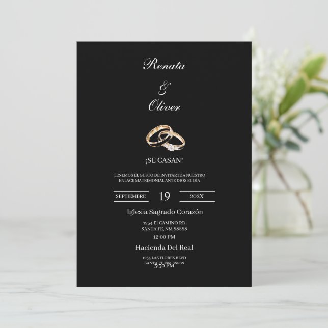 Black theme wedding ring Spanish Wedding Inbjudningar (Stående Fram)