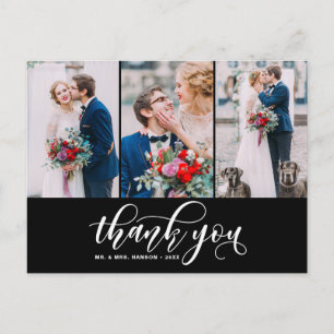 Black Three Photo Collage Tack Script Bröllop Vykort