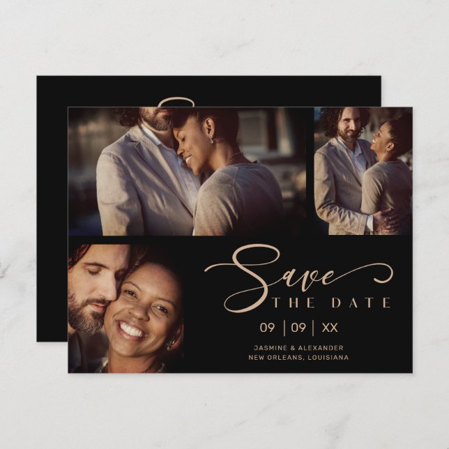 Black Three Photos Collage Bröllop Funny Script (Fram/baksida)