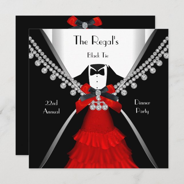 Black Tie Dinner White Red Bow Party Inbjudningar (Fram/baksida)