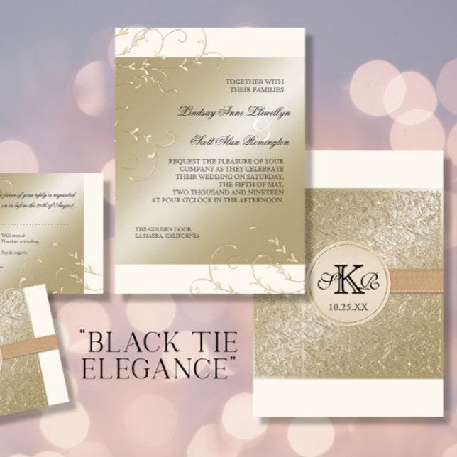 Black Tie Elegance, Champagne Cream Bröllopskort Inbjudningar (Skapare uppladdad)