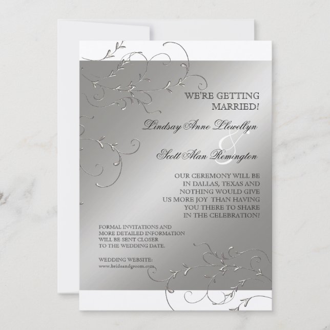 Black Tie Elegance, Silver Save the Date Inbjudnin Spara Datumet (Framsida)