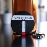 Black Tie Groomsman Namn Bröllop Flaska-öppnare Flasköppnare<br><div class="desc">Om du är tittar för en kostnadseffektiv bröllopsförmån som är snabb och användbar samtidigt - hur är det med en liten flaska-öppnare? Du kan ändra texten för att läsa din gruppledare namn eller någon annan medlem i din bröllopsfest. Med en plan utformning av en bröllop-svart tuxedo-jacka med en bågslips.</div>