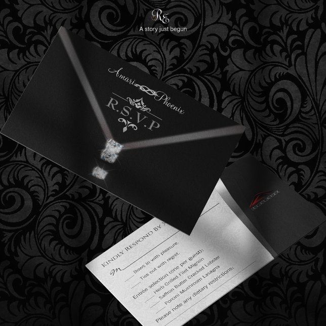 Black Tie R.S.V.P. OSA Kort (RSVP card, featuring a bow-tie martini design and tuxedo-inspired response card.)